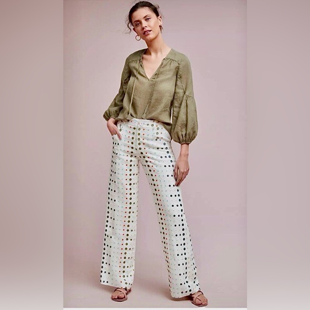 Anthropologie White Wide Leg Pants with Eyelet Detail